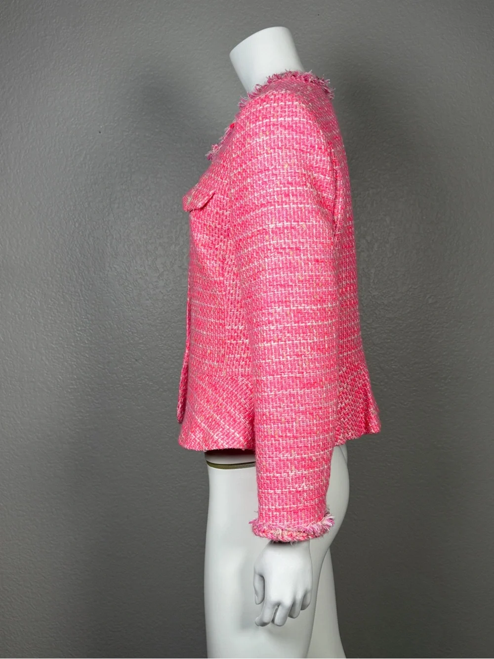 J.Crew Pink Tweed Lady Jacket Peplum Fringe Braided Trim Blazer Size 8